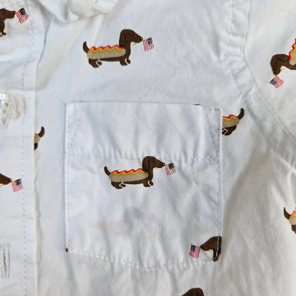 Janie &‎ Jack Baby Boy White Hot Dog Flag Poplin Preppy Button Shirt 12-18Mo USA